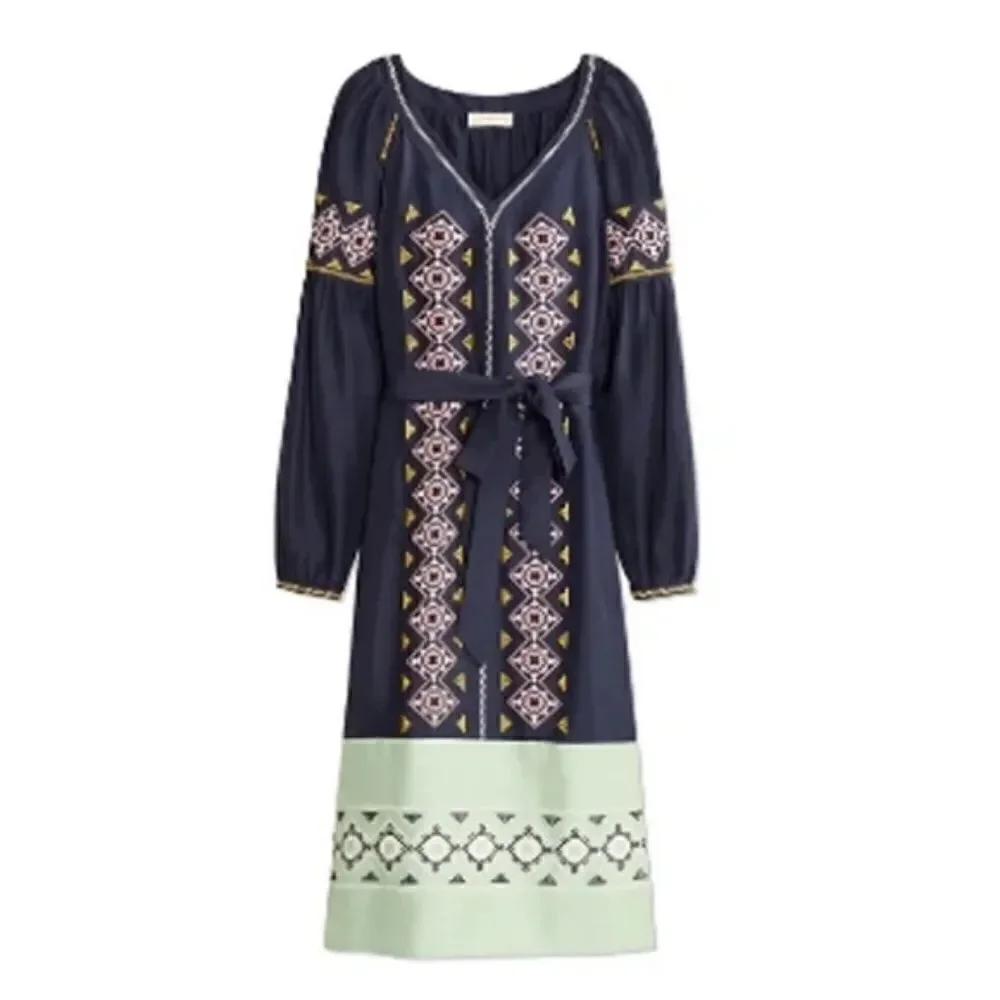 $450 NWT Tory Burch Katya Navy Green Embroidered Tunic Style Midi Dress Size 0